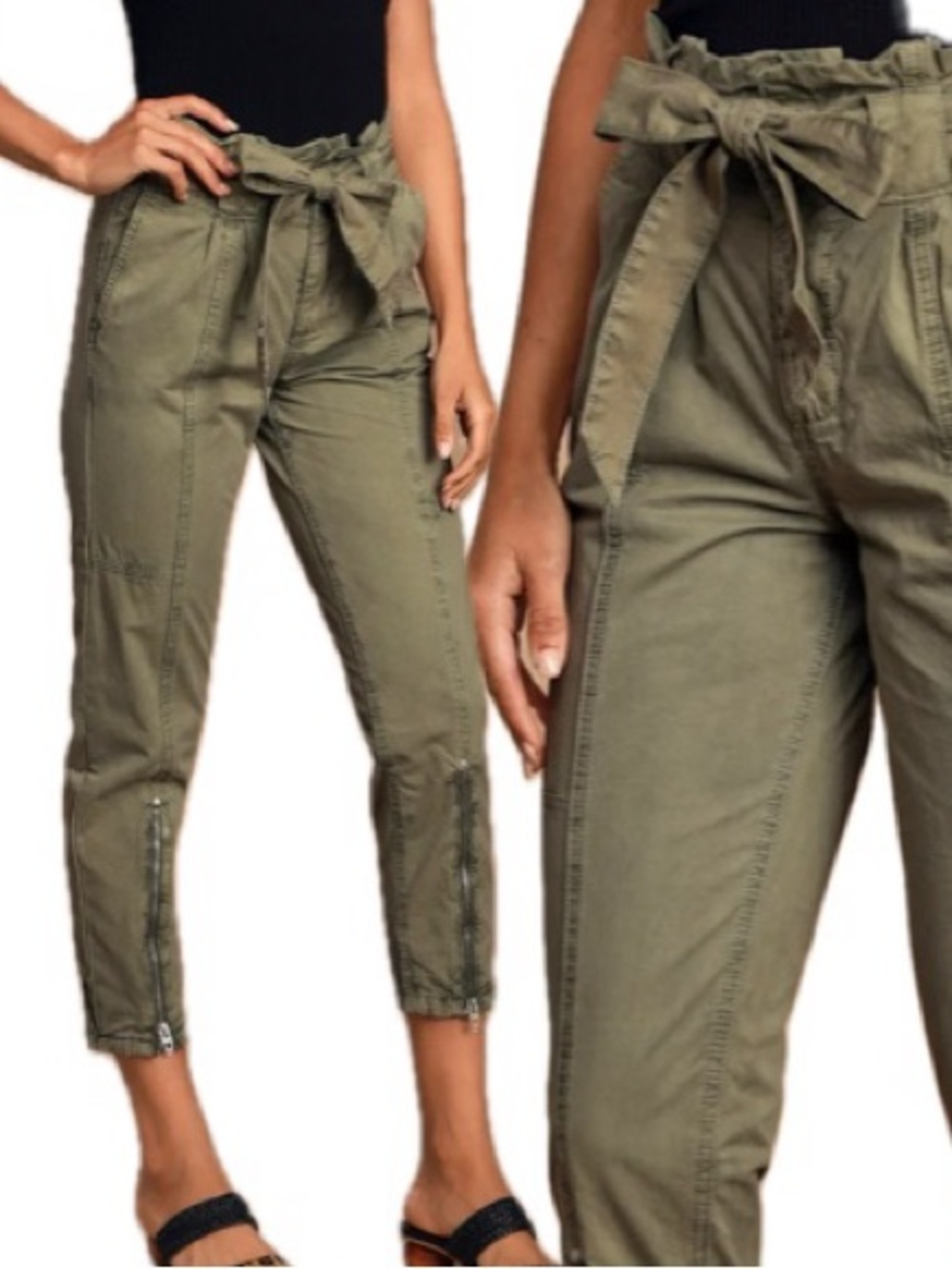 Blank NYC Reagin Paperbag Waist Cargo Pants Size 27 Olive High Rise Zipper Leg